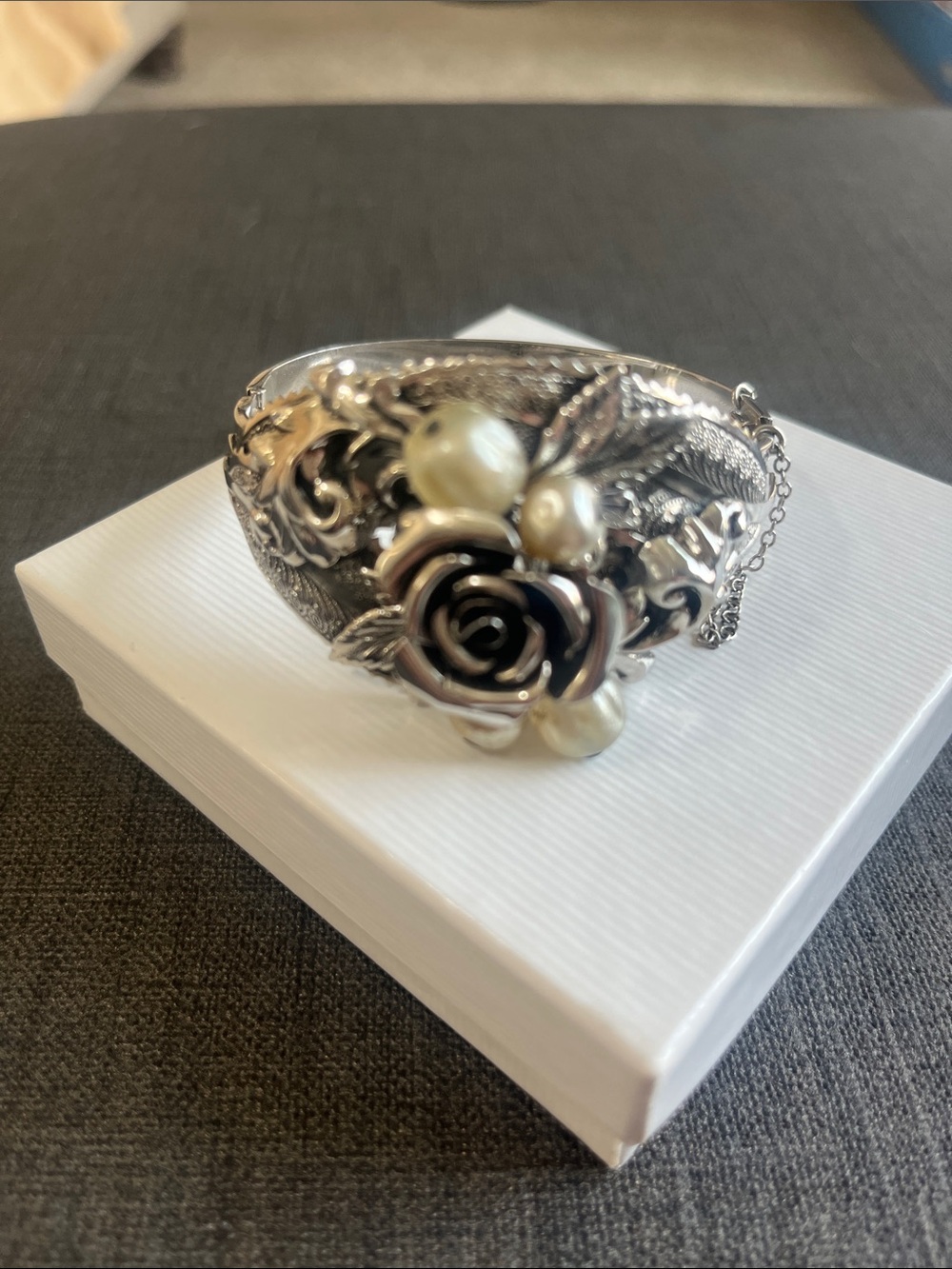 Silver Floral Rose Bracelet with Pearl Accents Whiting and Davis Co. Signed